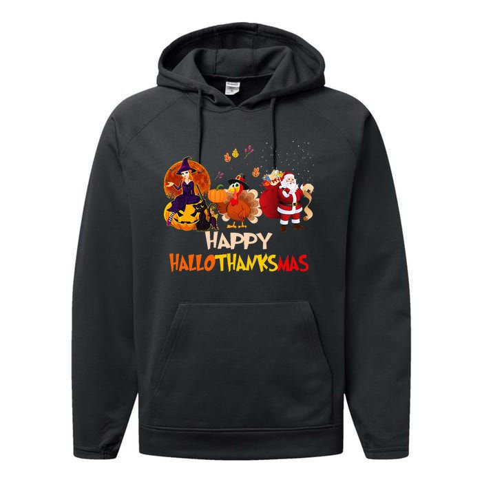 Happy Hallothanksmas Funny Halloween Thanksgiving Christmas Performance Fleece Hoodie