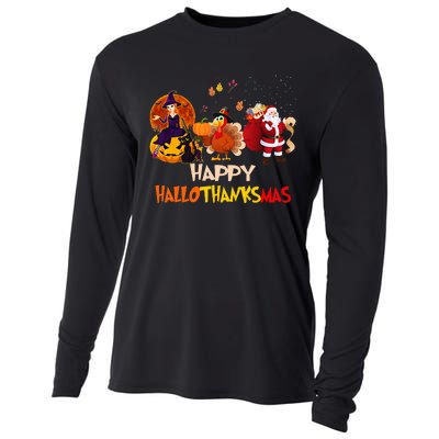 Happy Hallothanksmas Funny Halloween Thanksgiving Christmas Cooling Performance Long Sleeve Crew