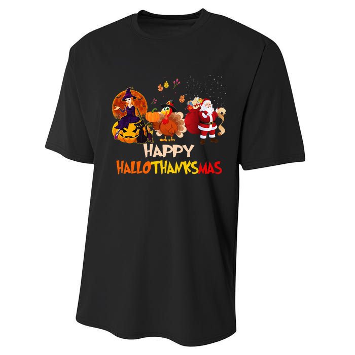 Happy Hallothanksmas Funny Halloween Thanksgiving Christmas Performance Sprint T-Shirt