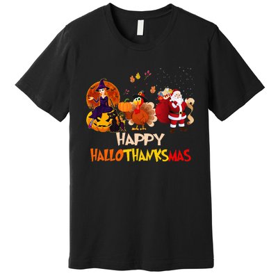 Happy Hallothanksmas Funny Halloween Thanksgiving Christmas Premium T-Shirt