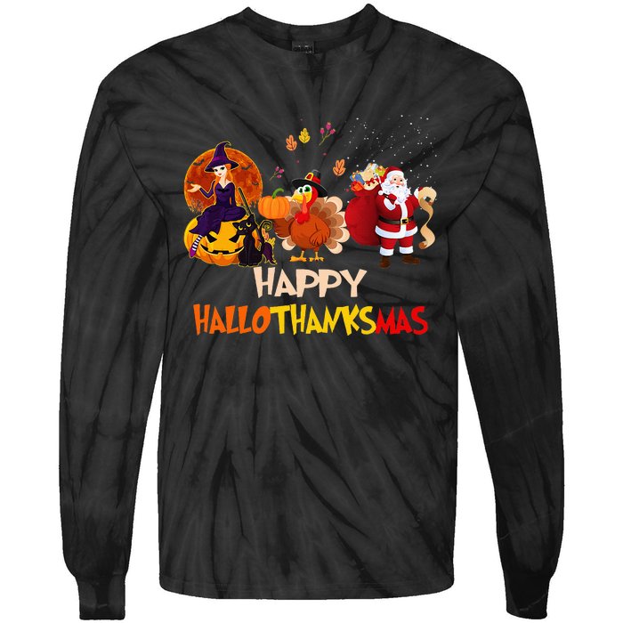 Happy Hallothanksmas Funny Halloween Thanksgiving Christmas Tie-Dye Long Sleeve Shirt