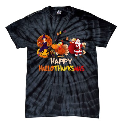 Happy Hallothanksmas Funny Halloween Thanksgiving Christmas Tie-Dye T-Shirt