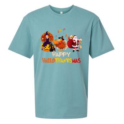 Happy Hallothanksmas Funny Halloween Thanksgiving Christmas Sueded Cloud Jersey T-Shirt