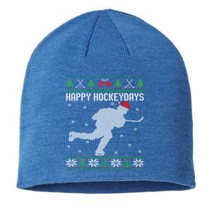 Happy Hockeydays Funny Ice Hockey Fan Player Ugly Christmas Gift Sustainable Beanie