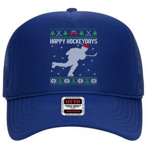 Happy Hockeydays Funny Ice Hockey Fan Player Ugly Christmas Gift High Crown Mesh Back Trucker Hat