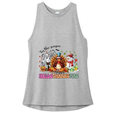 Happy Hallothanksmas Funny Halloween Thanksgiving Christmas Ladies PosiCharge Tri-Blend Wicking Tank