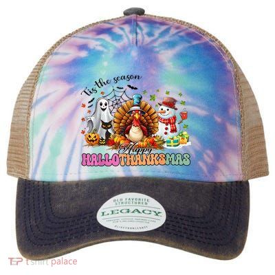 Happy Hallothanksmas Funny Halloween Thanksgiving Christmas Legacy Tie Dye Trucker Hat
