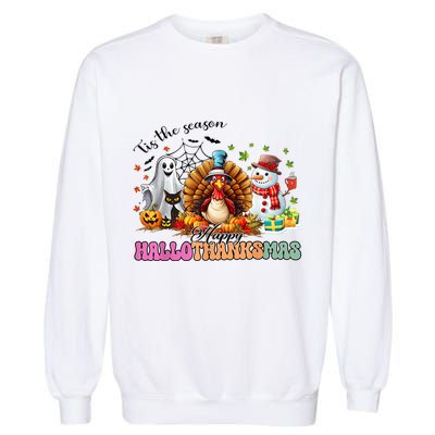Happy Hallothanksmas Funny Halloween Thanksgiving Christmas Garment-Dyed Sweatshirt