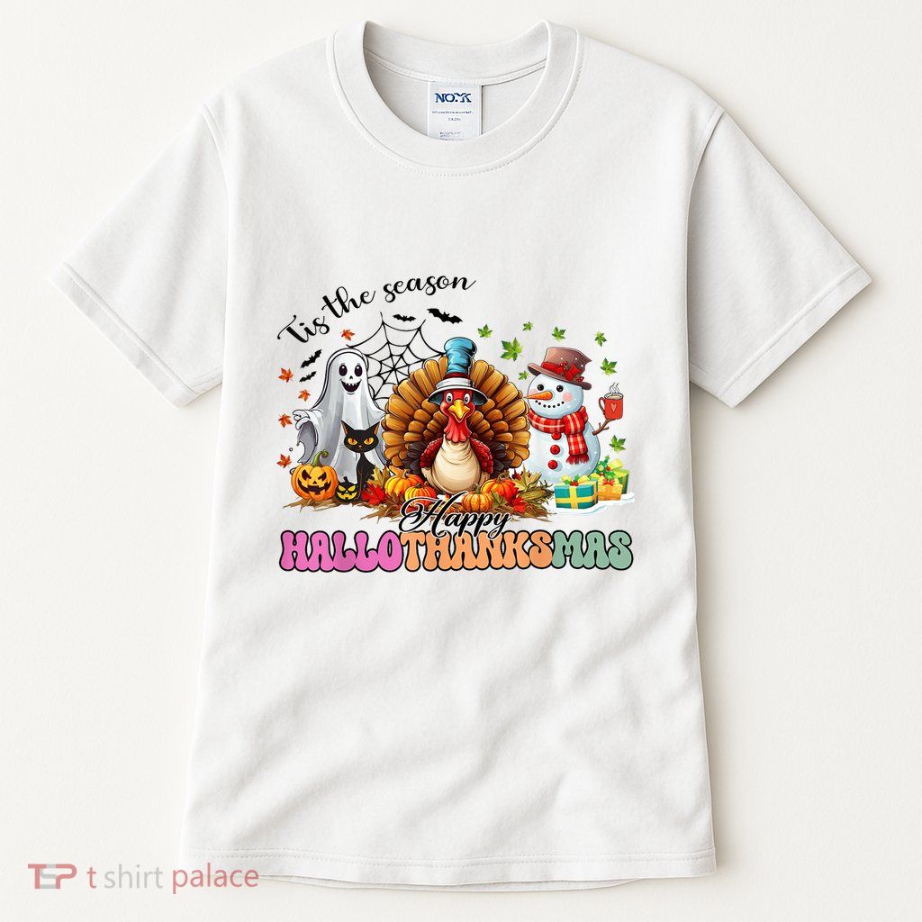 Happy Hallothanksmas Funny Halloween Thanksgiving Christmas Tall T-Shirt
