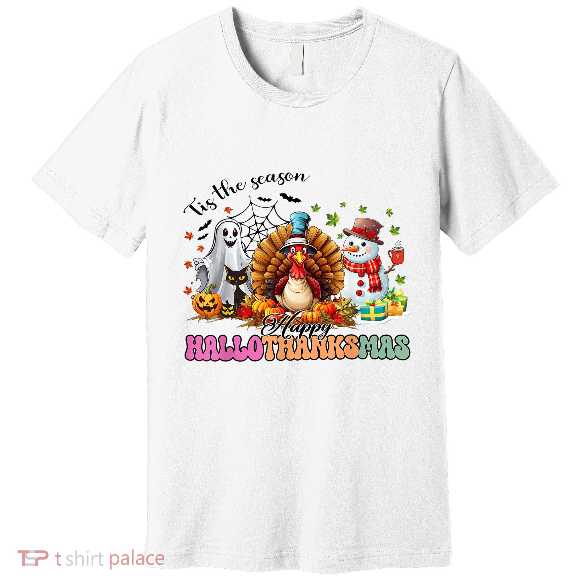 Happy Hallothanksmas Funny Halloween Thanksgiving Christmas Premium T-Shirt