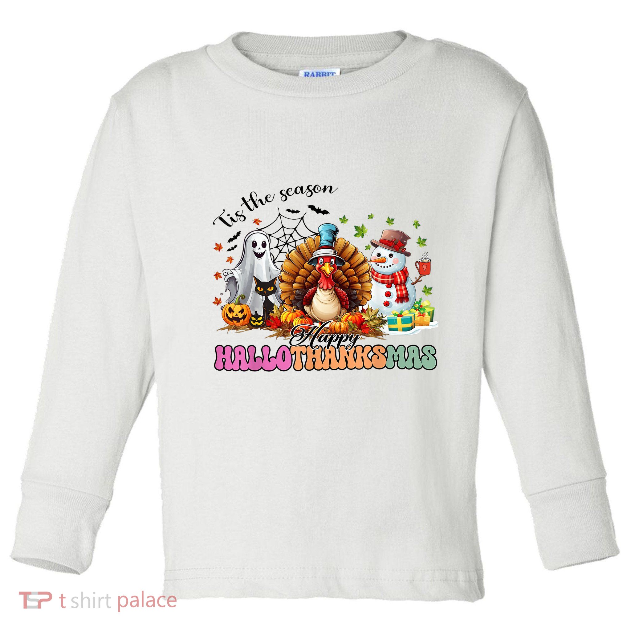 Happy Hallothanksmas Funny Halloween Thanksgiving Christmas Toddler Long Sleeve Shirt
