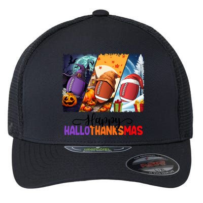 Happy Hallothanksmas Football Halloween Thanksgiving Xmas Gift Flexfit Unipanel Trucker Cap