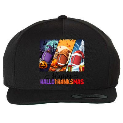 Happy Hallothanksmas Football Halloween Thanksgiving Xmas Gift Wool Snapback Cap