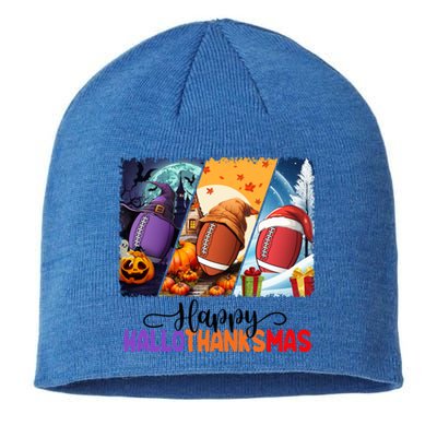 Happy Hallothanksmas Football Halloween Thanksgiving Xmas Gift Sustainable Beanie