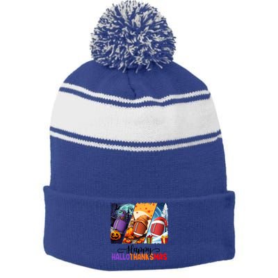 Happy Hallothanksmas Football Halloween Thanksgiving Xmas Gift Stripe Pom Pom Beanie