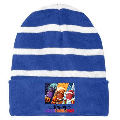 Happy Hallothanksmas Football Halloween Thanksgiving Xmas Gift Striped Beanie with Solid Band