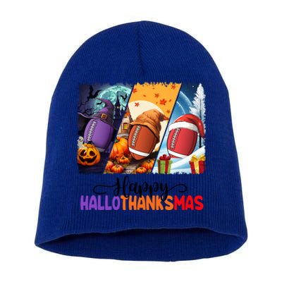 Happy Hallothanksmas Football Halloween Thanksgiving Xmas Gift Short Acrylic Beanie