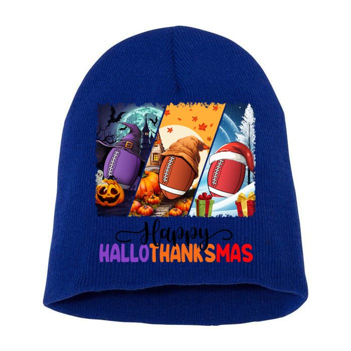 Happy Hallothanksmas Football Halloween Thanksgiving Xmas Gift Short Acrylic Beanie