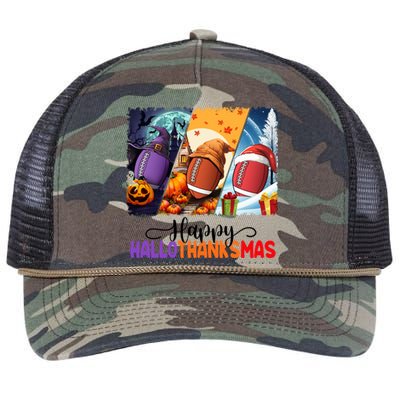 Happy Hallothanksmas Football Halloween Thanksgiving Xmas Gift Retro Rope Trucker Hat Cap