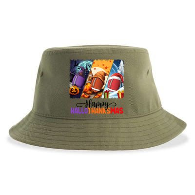 Happy Hallothanksmas Football Halloween Thanksgiving Xmas Gift Sustainable Bucket Hat