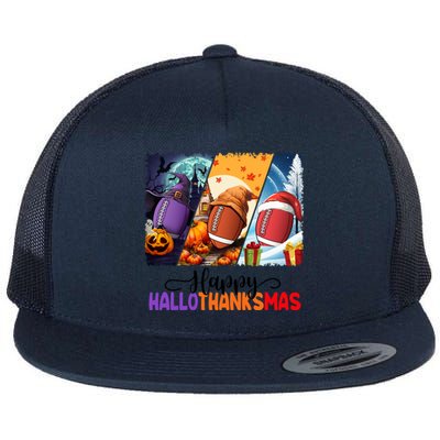 Happy Hallothanksmas Football Halloween Thanksgiving Xmas Gift Flat Bill Trucker Hat