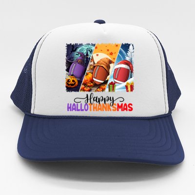 Happy Hallothanksmas Football Halloween Thanksgiving Xmas Gift Trucker Hat