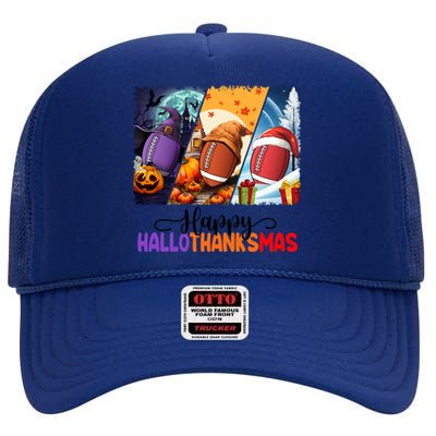 Happy Hallothanksmas Football Halloween Thanksgiving Xmas Gift High Crown Mesh Back Trucker Hat