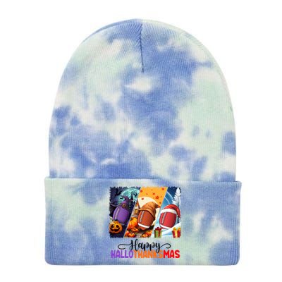 Happy Hallothanksmas Football Halloween Thanksgiving Xmas Gift Tie Dye 12in Knit Beanie