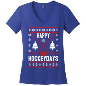 Happy Hockeydays Funny Christmas Ice Hockey Player Fan Xmas Gift Women's V-Neck T-Shirt