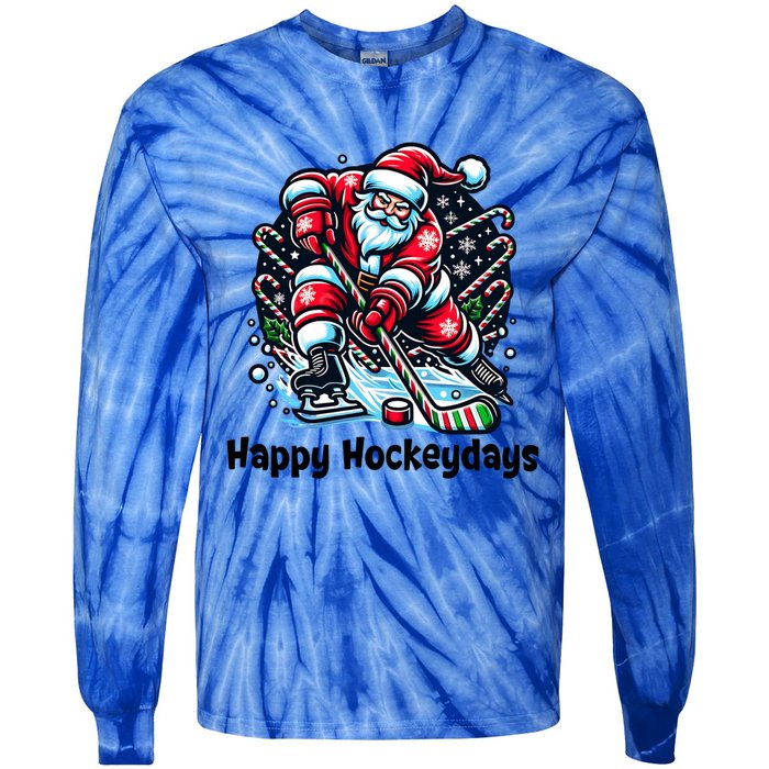 Happy Hockeydays Funny Hockey Christmas Santa And Sports Gift Tie-Dye Long Sleeve Shirt