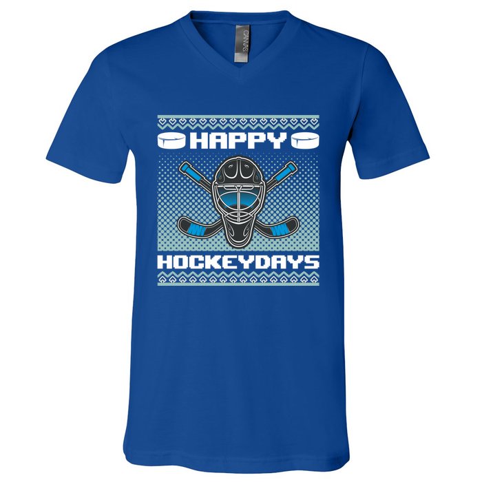 Happy Hockeydays Funny Hockey Players Chrismast Ugly Gift V-Neck T-Shirt