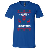 Happy Hockeydays Funny Hockey Ugly Christmas Design Gift V-Neck T-Shirt