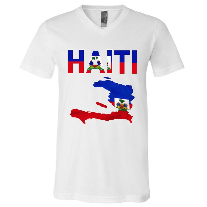 Happy Haitian Flag Day Cool Haiti Flag Map Haitian Pride V-Neck T-Shirt