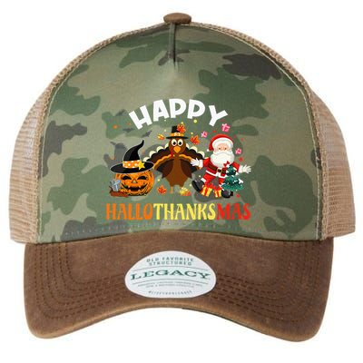 Happy Hallothanksmas Funny Halloween Thanksgiving Christmas Legacy Tie Dye Trucker Hat