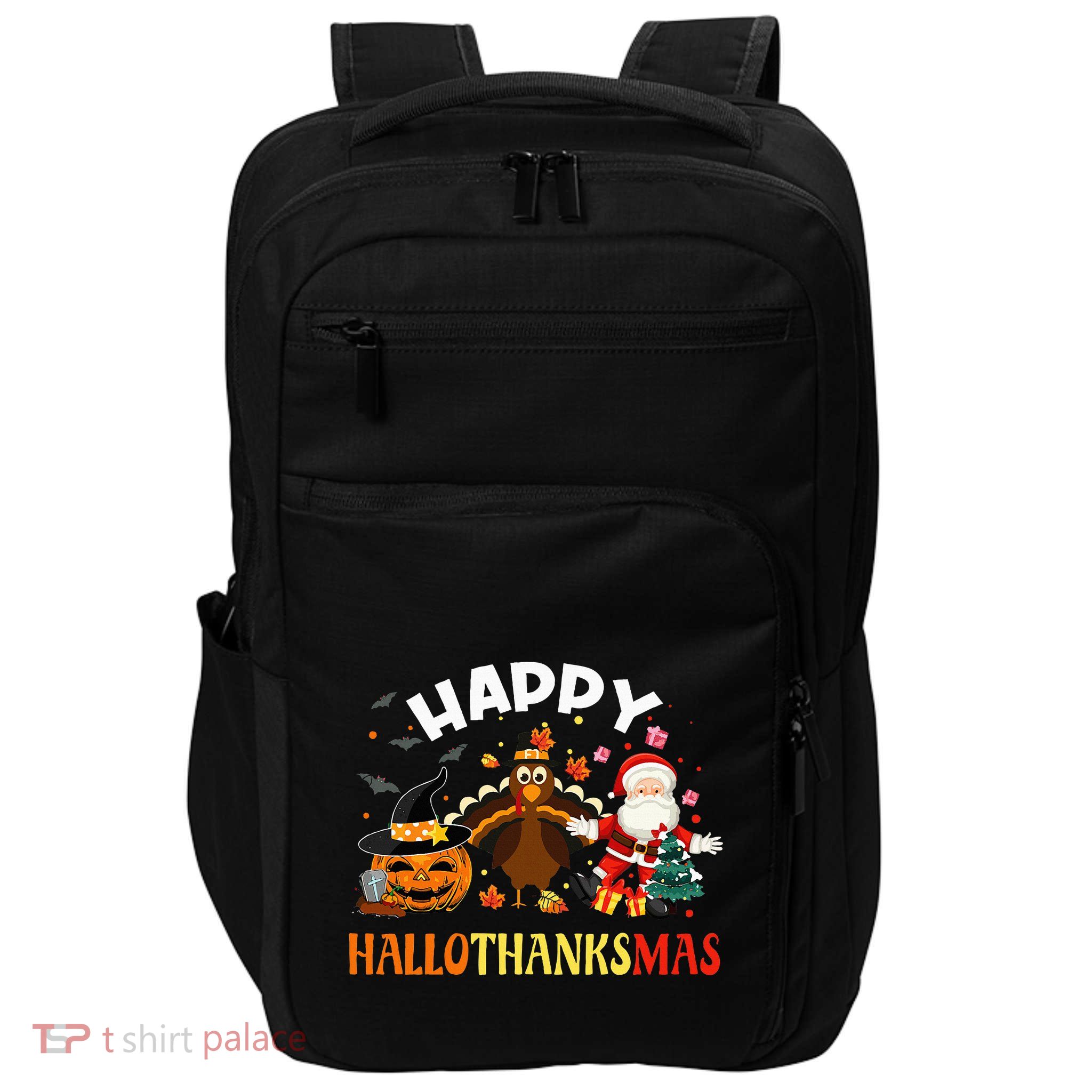 Happy Hallothanksmas Funny Halloween Thanksgiving Christmas Impact Tech Backpack