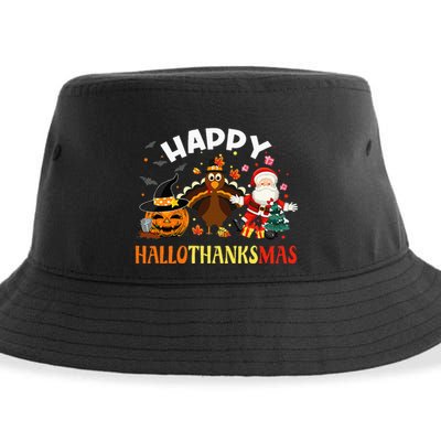 Happy Hallothanksmas Funny Halloween Thanksgiving Christmas Sustainable Bucket Hat