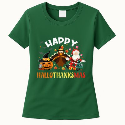 Happy Hallothanksmas Funny Halloween Thanksgiving Christmas Womens T-Shirt