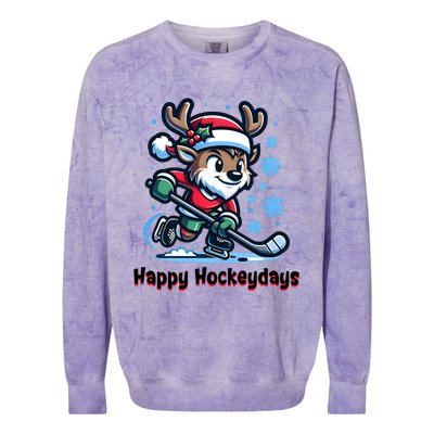 Happy Hockeydays Funny Reinder Playing Ice Hockey Christmas Gift Colorblast Crewneck Sweatshirt