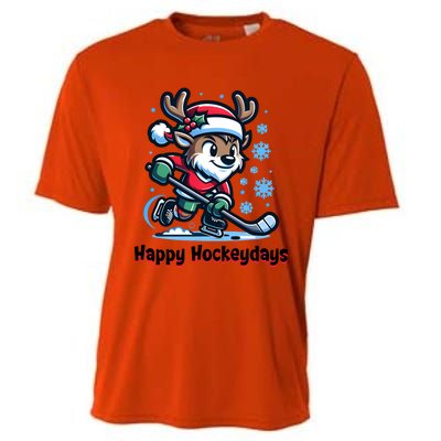 Happy Hockeydays Funny Reinder Playing Ice Hockey Christmas Gift Cooling Performance Crew T-Shirt