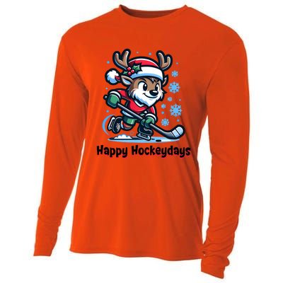 Happy Hockeydays Funny Reinder Playing Ice Hockey Christmas Gift Cooling Performance Long Sleeve Crew