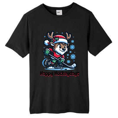 Happy Hockeydays Funny Reinder Playing Ice Hockey Christmas Gift Tall Fusion ChromaSoft Performance T-Shirt