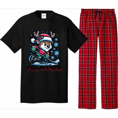 Happy Hockeydays Funny Reinder Playing Ice Hockey Christmas Gift Pajama Set