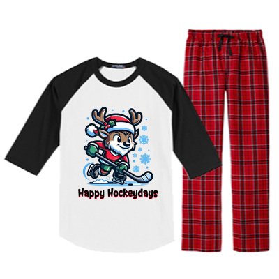 Happy Hockeydays Funny Reinder Playing Ice Hockey Christmas Gift Raglan Sleeve Pajama Set