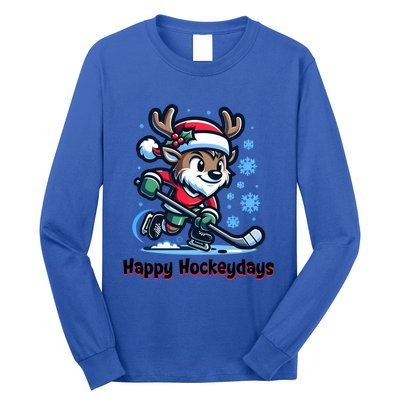 Happy Hockeydays Funny Reinder Playing Ice Hockey Christmas Gift Long Sleeve Shirt