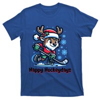 Happy Hockeydays Funny Reinder Playing Ice Hockey Christmas Gift T-Shirt