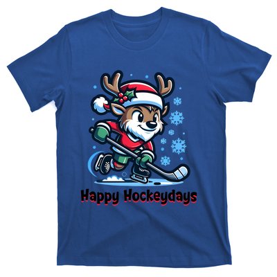 Happy Hockeydays Funny Reinder Playing Ice Hockey Christmas Gift T-Shirt