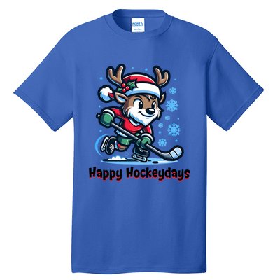 Happy Hockeydays Funny Reinder Playing Ice Hockey Christmas Gift Tall T-Shirt