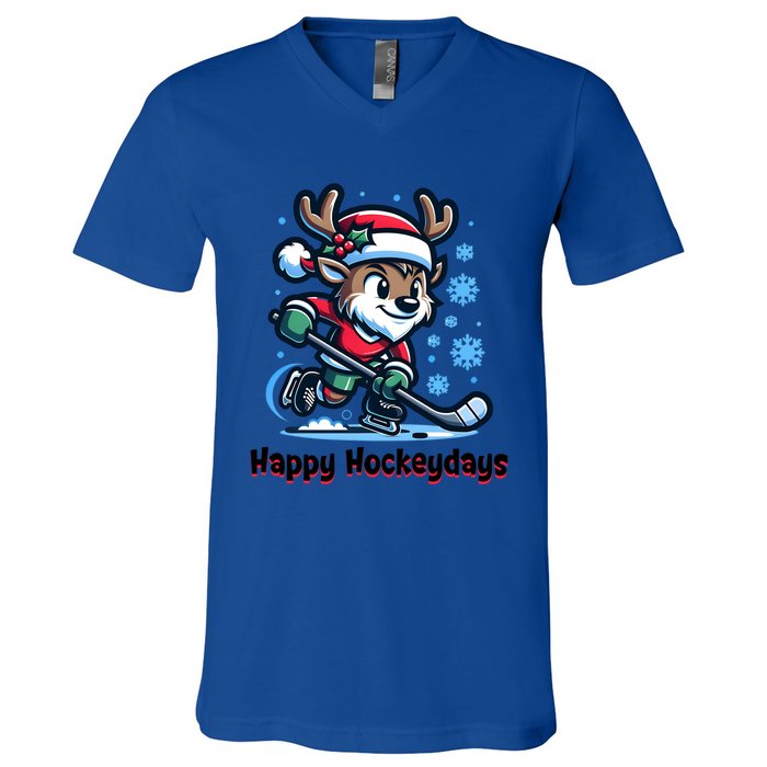 Happy Hockeydays Funny Reinder Playing Ice Hockey Christmas Gift V-Neck T-Shirt