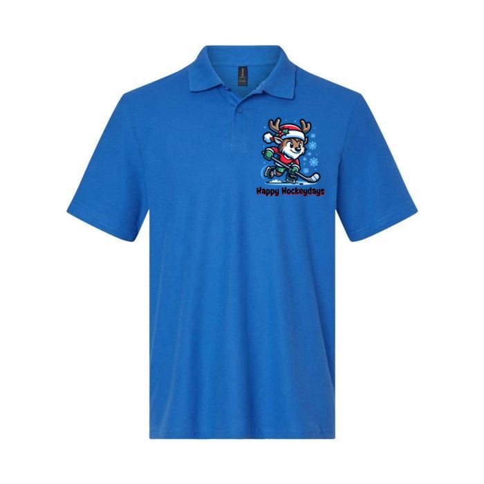 Happy Hockeydays Funny Reinder Playing Ice Hockey Christmas Gift Softstyle Adult Sport Polo