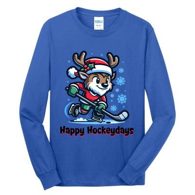 Happy Hockeydays Funny Reinder Playing Ice Hockey Christmas Gift Tall Long Sleeve T-Shirt